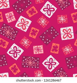 St. Valentine's Day seamless pattern with colorful presents on pink background. Perfect for holiday invitations, greeting cards, wallpaper and gift paper