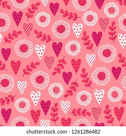 St. Valentine's Day seamless pattern with heart, leaves, daisy, flowers on apricot background. Perfect for holiday invitations, greeting cards, wallpaper and gift paper
