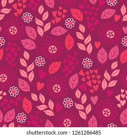 St. Valentine's Day seamless pattern with leaves, flowers and hearts on dark pink background. Perfect for holiday invitations, greeting cards, wallpaper and gift paper