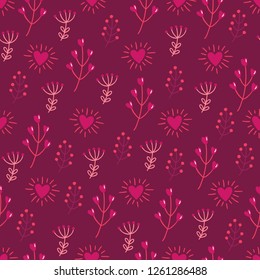 St. Valentine's Day seamless pattern with branches, hearts, berries and herbs on bordo background. Perfect for holiday invitations, greeting cards, wallpaper and gift paper
