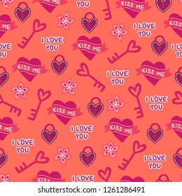 St. Valentine's Day seamless pattern with key, lock and flowers on orange background. Perfect for holiday invitations, greeting cards, wallpaper and gift paper