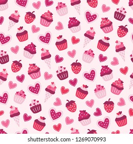 St. Valentine's Day seamless pattern with ice cream, cupcakes, hearts and strawberry on light pink background. Perfect for gift paper, greeting cards, wallpaper. Vector hand drawn illustration. 