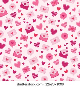 St. Valentine's Day seamless pattern with postal envelopes, speech bubbles and hearts on light pink background. Perfect for gift paper, greeting cards, wallpaper. Vector hand drawn illustration. 