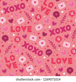 St. Valentine's Day seamless pattern with letters, envelopes, branches, hearts and confetti on salmon pink background. Perfect for gift paper, greeting cards, wallpaper. Vector hand drawn illustration