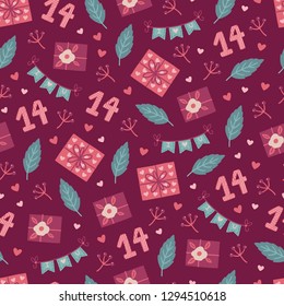 St. Valentine's Day seamless pattern with garland, presents, berry, leaves and hearts on dark pink background. Perfect for gift paper, greeting cards, wallpaper. Hand drawn vector illustration.