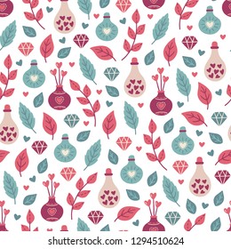 St. Valentine's Day seamless pattern with bottles, bouquet, branches, leaves, diamond and hearts on white background. Perfect for gift paper, greeting cards, wallpaper. Hand drawn vector illustration.