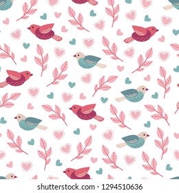 St. Valentine's Day seamless pattern with birds, branches and hearts on white background. Perfect for gift paper, greeting cards, wallpaper. Hand drawn vector illustration.