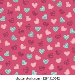 St. Valentine's Day seamless pattern with different hearts on bright pink background. Perfect for gift paper, greeting cards, wallpaper. Hand drawn vector illustration.