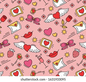 St. Valentine's day seamless pattern. Light pink background with cartoon images, hearts, messages, lips, bow, strawberry, key, rose. 