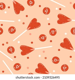 St. Valentine's Day seamless pattern with red heart-shaped lollipops, dragees with drawn hearts and confetti