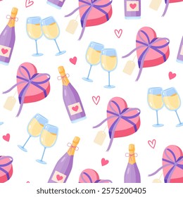 St. Valentine's Day seamless pattern with gift boxes, champagne glasses and hearts isolated on white background.