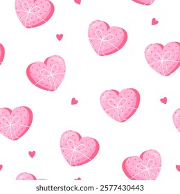 St. Valentines day seamless pattern with cute pink gift boxes isolated on white background.