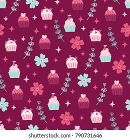 St. Valentine's Day seamless pattern with cupcakes, branches, flowers and stars. Perfect for holiday background, wrapping paper and decoration 