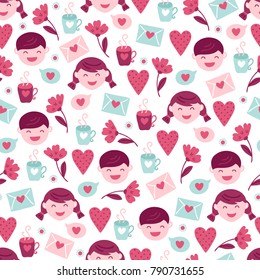 St. Valentine's Day seamless pattern with flowers, boy, girl, hearts, tea and love letters. Perfect for holiday background, wrapping paper and decoration 
