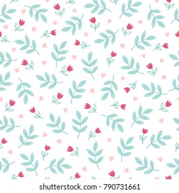 St. Valentine's Day seamless pattern with tulips, hearts and branches. Perfect for holiday background, wrapping paper and decoration 