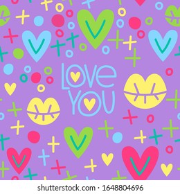 St. Valentine's Day seamless vector pattern. Doodle illustration with bright lips, hearts, rings, circles, crosses on a bright background. Love you. Сute elements for wallpapers, wrapping, card