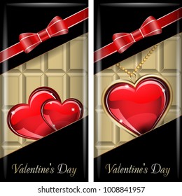 St. Valentine's Day. Set of black ornate label with red ribbon and red bow for white chocolate. Grouped for easy editing.