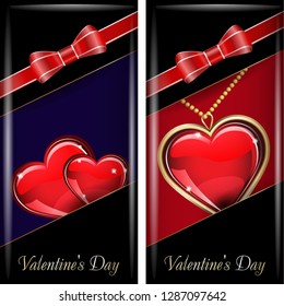 St. Valentine's Day. Set of black ornate label with red ribbon and red bow. Two cards with glass red and gold heart on red and blue background. Grouped for easy editing.