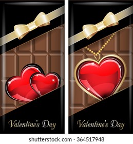St. Valentine's Day. Set of black ornate label with gold ribbon and gold bow for dark chocolate. Grouped for easy editing. 