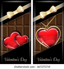 St. Valentine's Day. Set of black ornate label with gold ribbon and gold bow for dark chocolate. Grouped for easy editing. 