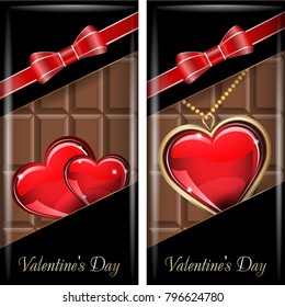 St. Valentine's Day. Set of black ornate label with red ribbon and red bow for milk chocolate. Grouped for easy editing.
