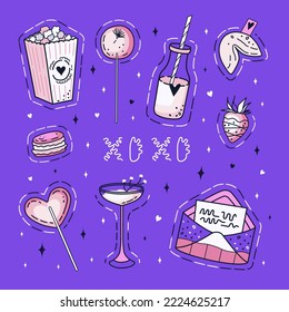 St. Valentine's day. Set of valentine's clip arts. Illustrations of a love letter, lollipop, fortune cookie, cocktail, macaron, strawberry, heart, popcorn, and a milk bottle. Lettering.