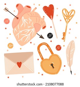 St. Valentine's Day Set. Key, Heart-shaped Lock, Candies, Quill, Envelope And Human Heart Pierced With Arrow