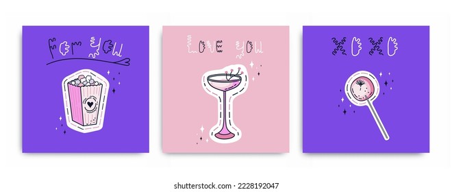 St. Valentine's day. Set of Valentine's postcards. Lettering and stickers with popcorn, cocktail, lollipop. Illustration for posters or cards. February 14.