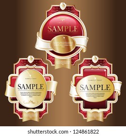 St. Valentine's Day. Set of red ornate labels with Gold and White Tapes. Grouped for easy editing. Perfect for labels or stickers for wine, beer, champagne, cognac, cologne and etc.