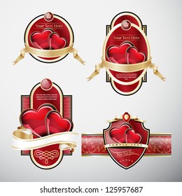 St. Valentine's Day. Set of Red and Gold ornate label with glass red hearts. Grouped for easy editing. Perfect for labels or stickers for wine, beer, champagne, cognac, cologne and etc.