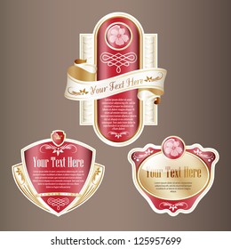 St. Valentine's Day. Set of Red and Gold ornate label. Grouped for easy editing. Perfect for labels or stickers for wine, beer, champagne, cognac, cologne and etc.