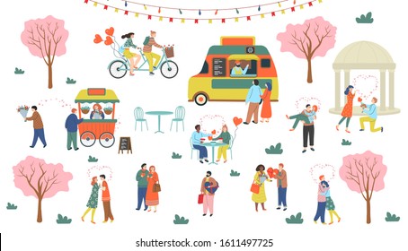 St. Valentine's day set of romantic people. Man and woman hugging, drinking, walking, giving presents, making proposal, riding a tandem bike. Cute vector illustration in flat cartoon style.