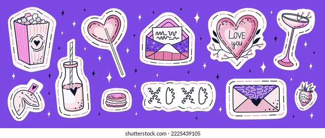 St. Valentine's day. Set of valentine's stickers. Clipart with a love letter, lollipop, fortune cookie, cocktail, macaron, strawberry, heart, popcorn, and a milk bottle. Lettering. Hand-drawn vectors.