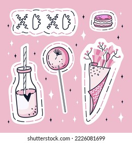 St. Valentine's day. Set of valentine's stickers. Clipart with a lollipop, flowers, macaron, and a milk bottle. Lettering. Hand-drawn vectors.