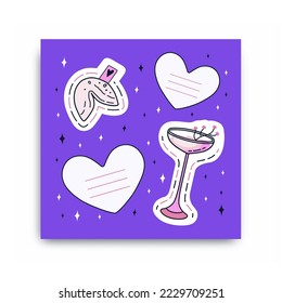 St. Valentine's day. Set of valentine's stickers and cards. Illustrations of cocktail and fortune cookie. Hand-drawn vectors.