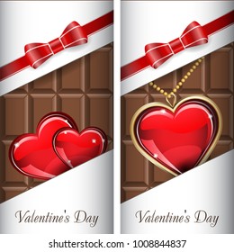 St. Valentine's Day. Set of white ornate label with red ribbon and red bow for milk chocolate. Grouped for easy editing.