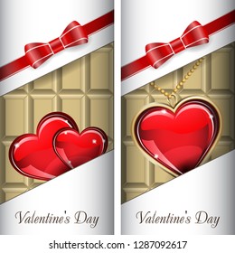St. Valentine's Day. Set of white ornate label with red ribbon and red bow for white chocolate. Two cards with glass red and gold heart. Grouped for easy editing.