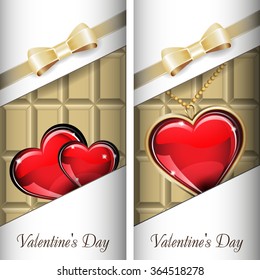 St. Valentine's Day. Set of white ornate label with gold ribbon and gold bow for white chocolate. Grouped for easy editing. 