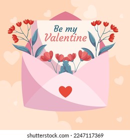 St. Valentine's Day square template design with pink open envelop, letter Love You and red flowers green leaves beige backdrop. Concept for social media with decorative clouds and hearts on the back.