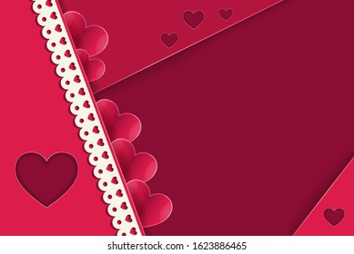 St. Valentine's Day. Stylish red, romantic abstract background with cut paper hearts and lace with copy space. Vector illustration.