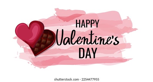 Día de San Valentín. plantilla para banner, postcard, publicidad, sobre fondo blanco con rosas, chocolate, acuarela. ilustración vectorial
