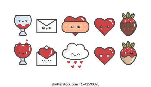St Valentine's day theme. Cute Kawaii romantic objects. Love, hearts, wine. Japanese cartoon manga style. Funny anime characters with faces. Trendy Vector illustration. Isolated on white background