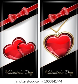 St. Valentine's Day. Two cards with glass red and gold heart on white Background. It has a black pocket. Set of ornate labels with red ribbon and bow. Grouped for easy editing. Perfect for invitations
