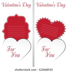 St. Valentine's Day. Two cards with white heart on white Background. Taken red cards for text. Grouped for easy editing. Perfect for invitations or announcements.
