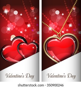 St. Valentine's Day. Two cards with glass red and gold heart on wonderful Background. It has a white  pocket. Grouped for easy editing. Perfect for invitations or announcements or restaurant menu.