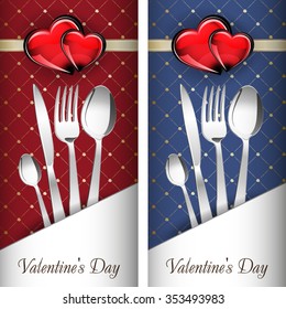 St. Valentine's Day. Two cards with glass red and gold heart on wonderful Background. It has a white pocket. Grouped for easy editing. Perfect for invitations or announcements or restaurant menu.