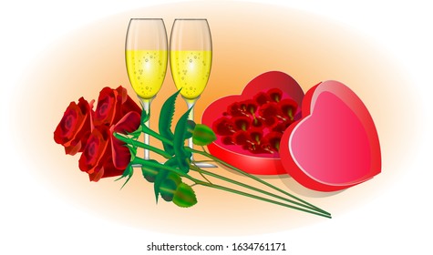 St. Valentine's Day. Two glasses of wine, red roses. Box in the form of a heart.