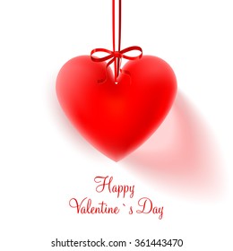  Día de San Valentín. Vector. Hermoso corazón rojo volumétrico sobre un fondo blanco. Corazón en una cuerda. Antecedentes del día de San Valentina.