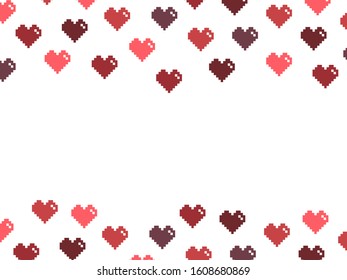 St. Valentine's day vector card on white background. Red, purple and pink pixel hearts. Romantic poster. Perfect for banner or invitation.