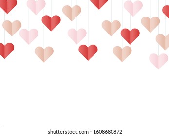 St. Valentine's day vector card on white background. Red and pink paper cut hearts. Romantic poster. Paper folding craft. Perfect for banner or invitation.